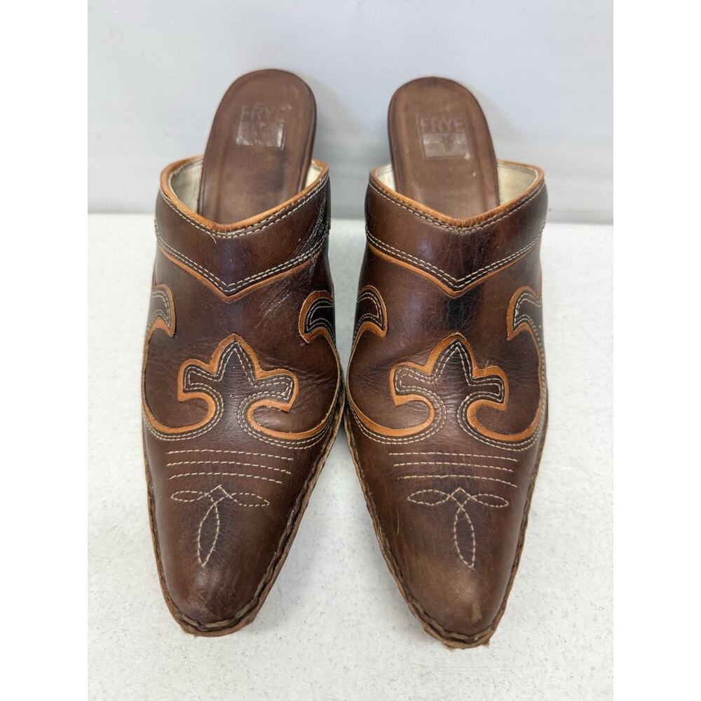 The FRYE Phoenix Mules Western-Inspired Slip-On Brown Leather Shoes Womens 8 M